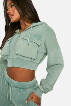 Cheap boohoo Washed Cargo Pocket Boxy Crop Hooded Tracksuit khaki