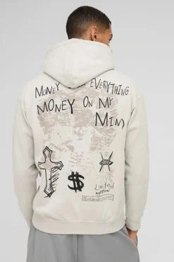 Flash Sale boohooMAN Washed Cross Renaissance Graphic Hoodie stone