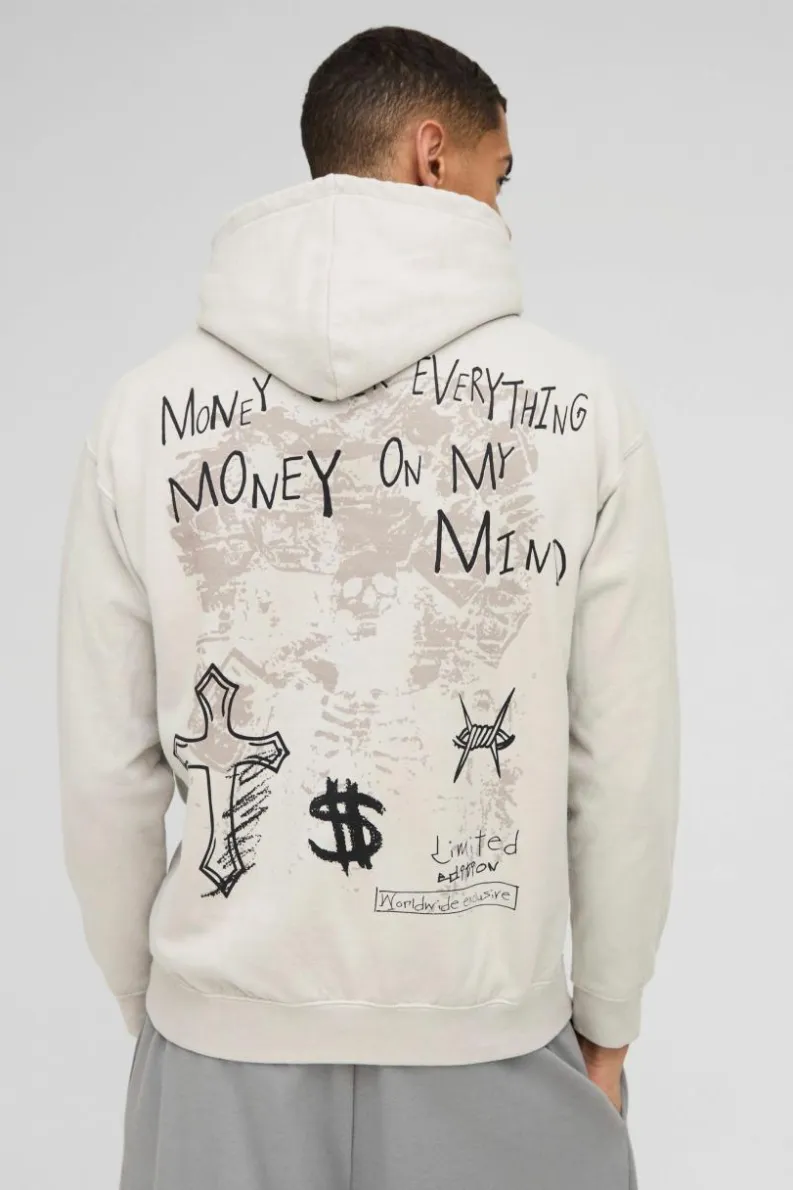 Flash Sale boohooMAN Washed Cross Renaissance Graphic Hoodie stone