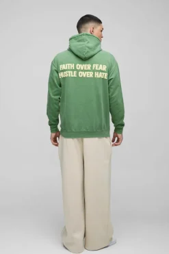 Shop boohooMAN Washed Faith Over Fear Text Puff Print Graphic Hoodie forest