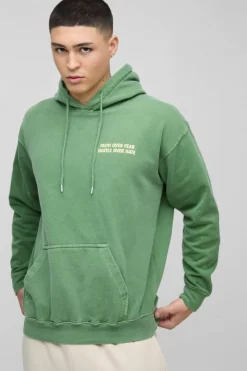 Shop boohooMAN Washed Faith Over Fear Text Puff Print Graphic Hoodie forest
