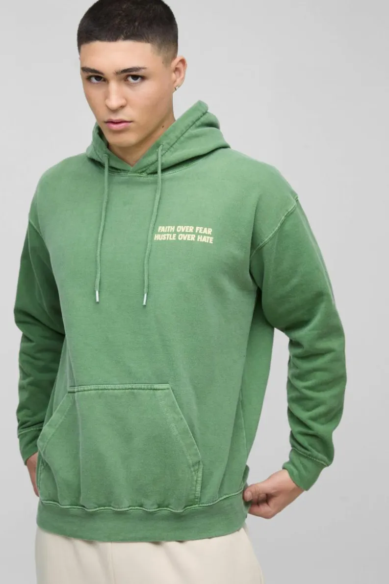 Shop boohooMAN Washed Faith Over Fear Text Puff Print Graphic Hoodie forest