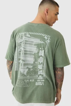 Outlet boohooMAN Washed Japan Back Print T-Shirt sage