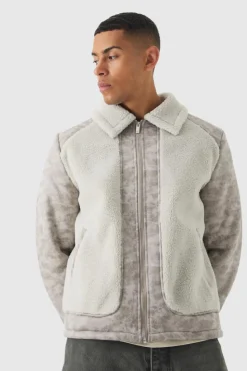 Store boohooMAN Washed PU And Borg Panel Harrington Jacket In grey