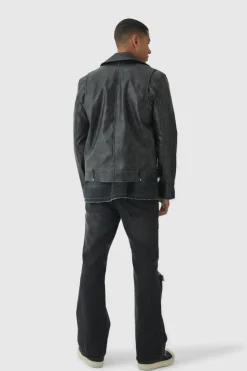 Store boohooMAN Washed Pu Biker Jacket In black