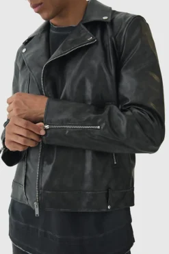 Store boohooMAN Washed Pu Biker Jacket In black