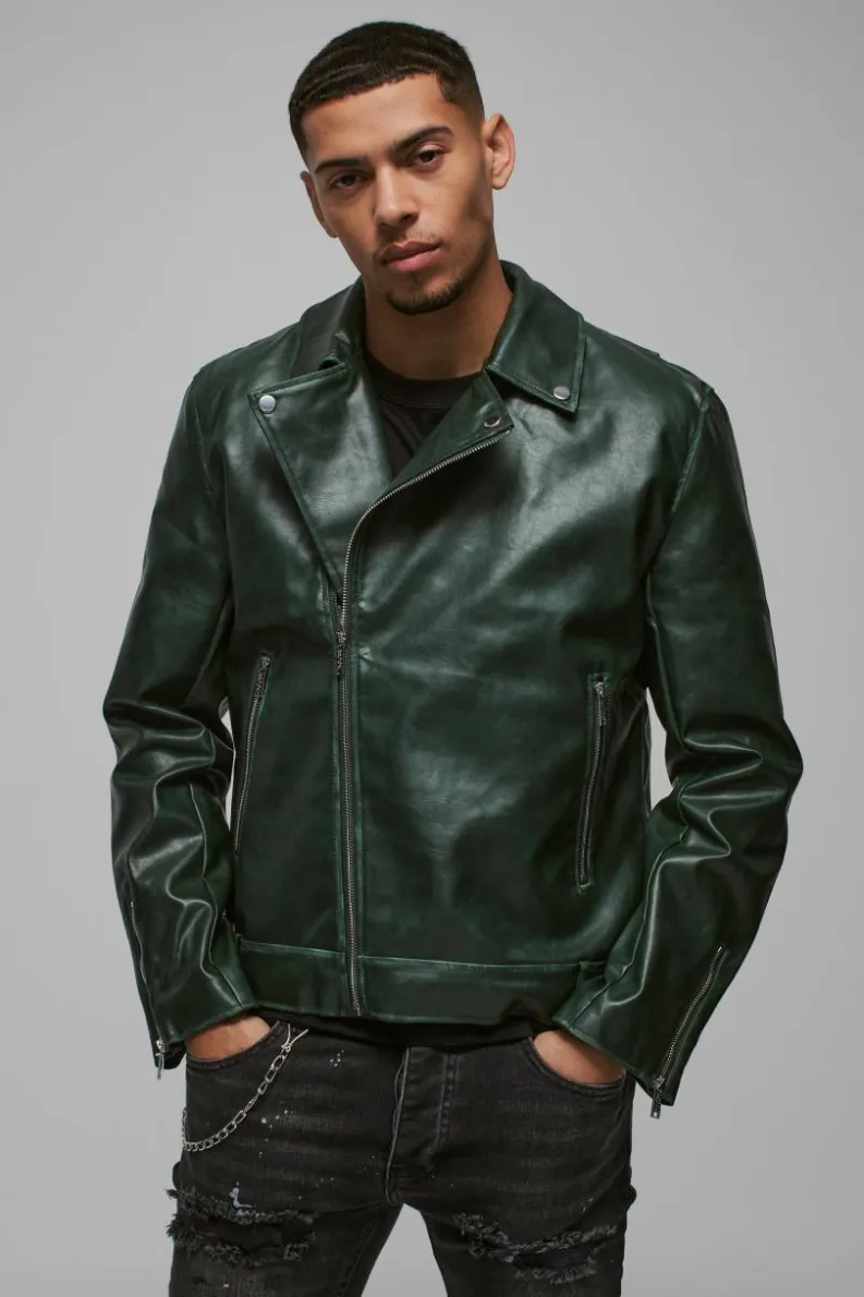 Store boohooMAN Washed Pu Biker Jacket In green