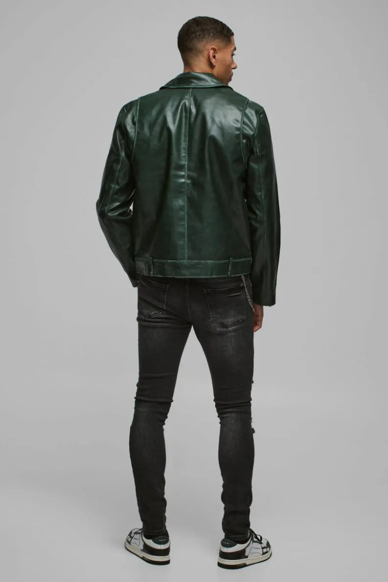 Store boohooMAN Washed Pu Biker Jacket In green