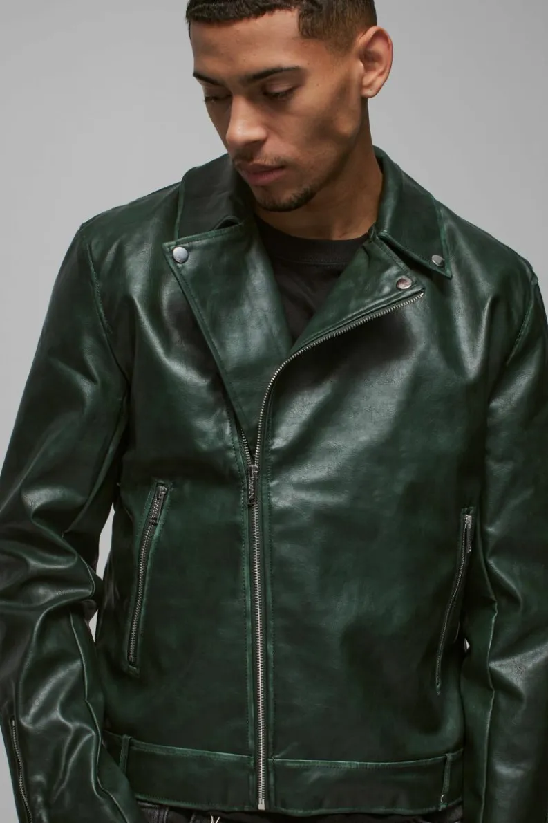 Store boohooMAN Washed Pu Biker Jacket In green