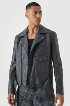 Shop boohooMAN Washed PU Biker Jacket In slate