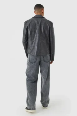 Shop boohooMAN Washed PU Biker Jacket In slate