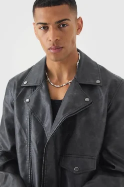 Shop boohooMAN Washed PU Biker Jacket In slate