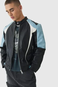 New boohooMAN Washed Pu Panel Moto Jacket In black