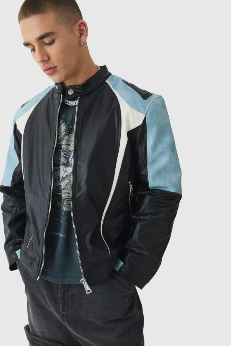 New boohooMAN Washed Pu Panel Moto Jacket In black