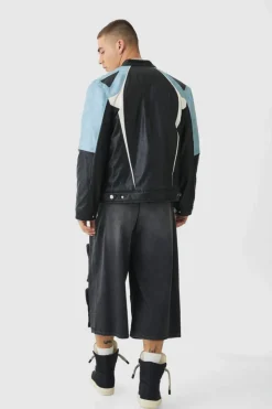 New boohooMAN Washed Pu Panel Moto Jacket In black