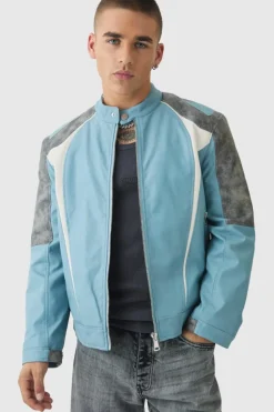 Outlet boohooMAN Washed Pu Panel Moto Jacket In blue