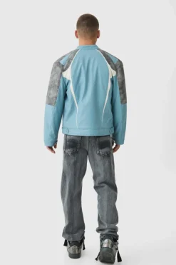 Outlet boohooMAN Washed Pu Panel Moto Jacket In blue