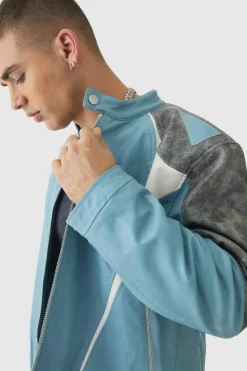Outlet boohooMAN Washed Pu Panel Moto Jacket In blue
