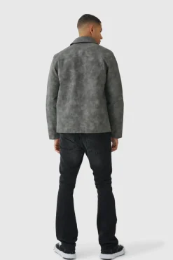 New boohooMAN Washed Pu Zip Through Harrington Jacket In grey