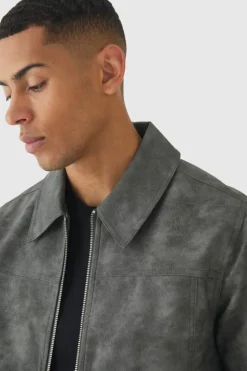 New boohooMAN Washed Pu Zip Through Harrington Jacket In grey