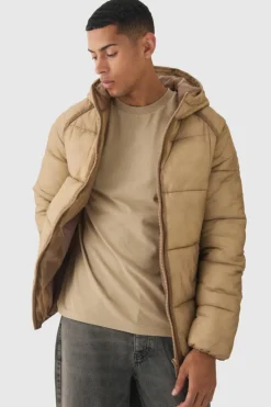 New boohooMAN Washed Seam Hooded Puffer Jacket In camel