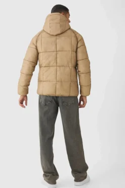 New boohooMAN Washed Seam Hooded Puffer Jacket In camel