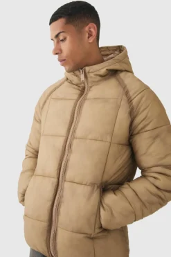 New boohooMAN Washed Seam Hooded Puffer Jacket In camel
