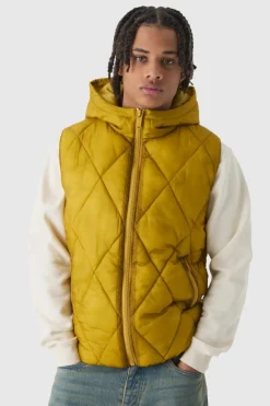 Flash Sale boohooMAN Washed Seam Hooded Quilted Gilet In yellow