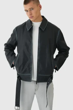 Flash Sale boohooMAN Washed Seam PU Biker Jacket In black