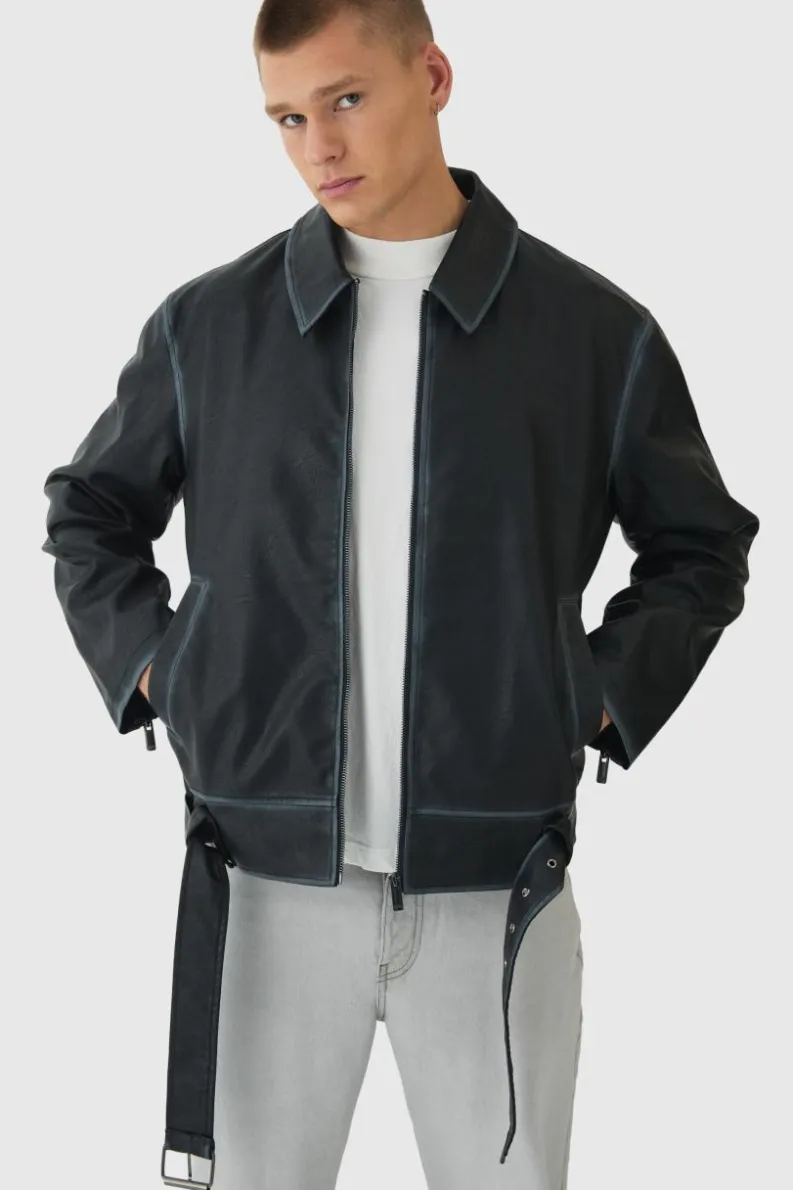 Flash Sale boohooMAN Washed Seam PU Biker Jacket In black