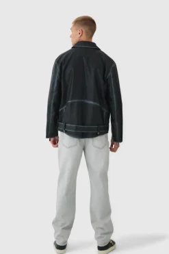 Flash Sale boohooMAN Washed Seam PU Biker Jacket In black