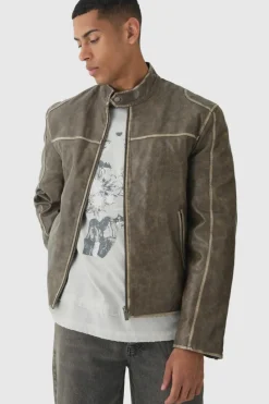 Discount boohooMAN Washed Seam PU Biker Jacket In sage