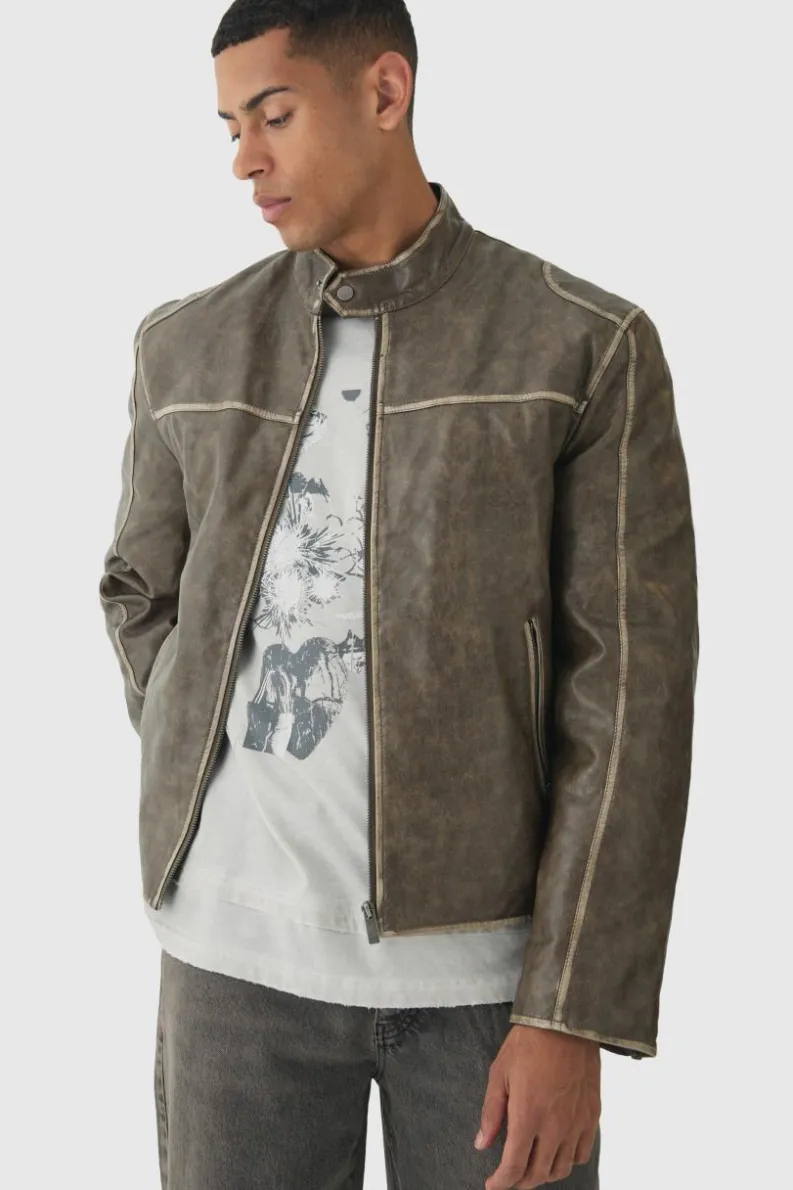 Discount boohooMAN Washed Seam PU Biker Jacket In sage