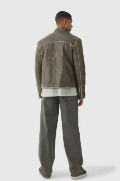 Discount boohooMAN Washed Seam PU Biker Jacket In sage
