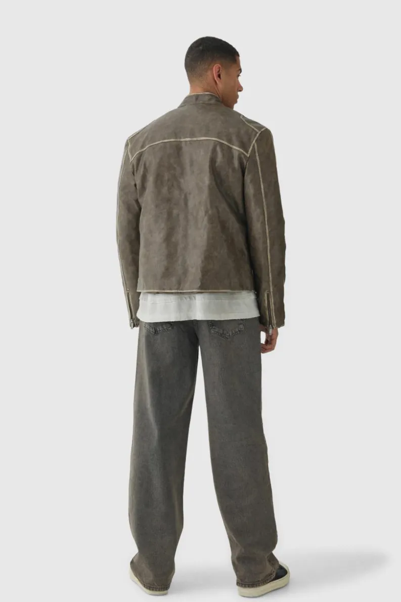 Discount boohooMAN Washed Seam PU Biker Jacket In sage
