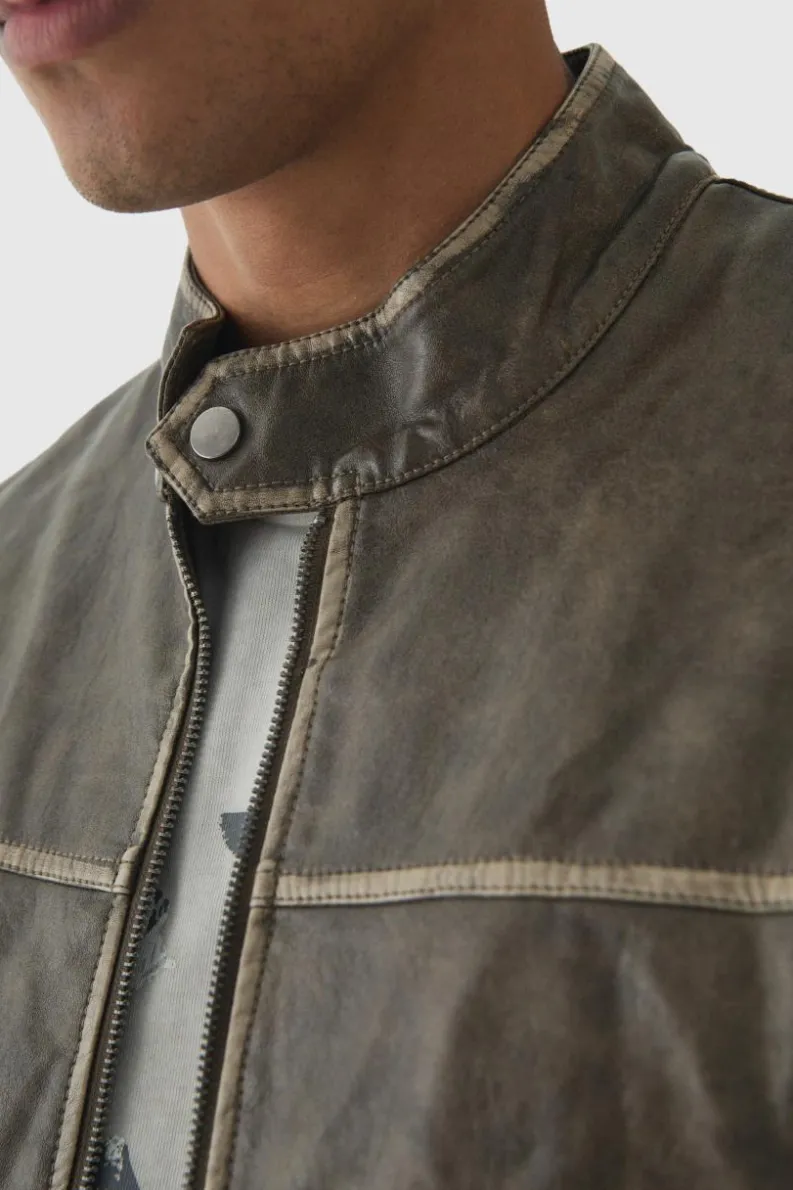 Discount boohooMAN Washed Seam PU Biker Jacket In sage