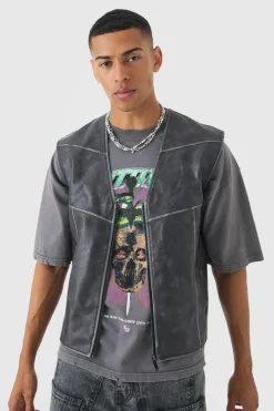 Cheap boohooMAN Washed Seam PU Vest In black