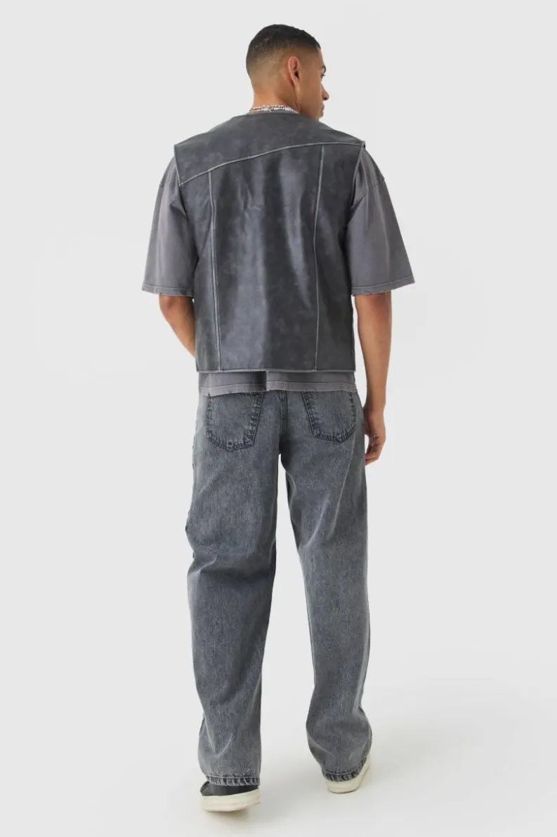Cheap boohooMAN Washed Seam PU Vest In black