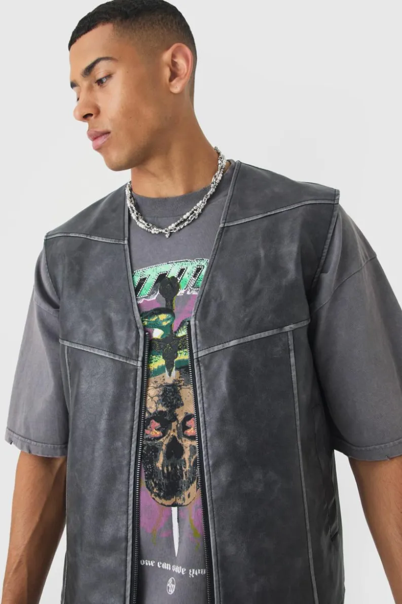 Cheap boohooMAN Washed Seam PU Vest In black