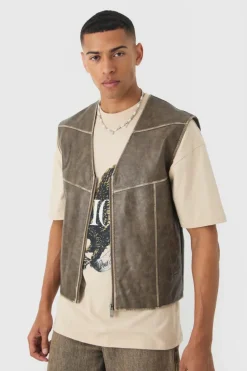 Cheap boohooMAN Washed Seam PU Vest In sage