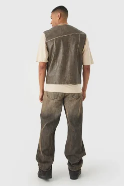 Cheap boohooMAN Washed Seam PU Vest In sage