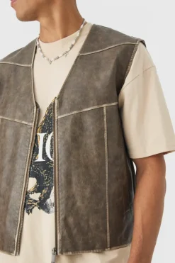 Cheap boohooMAN Washed Seam PU Vest In sage