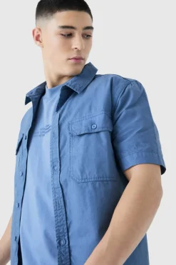 Best boohooMAN Washed Short Sleeve Twill Shirt slate blue