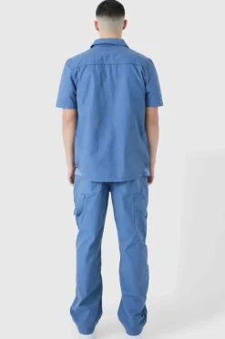 Best boohooMAN Washed Short Sleeve Twill Shirt slate blue