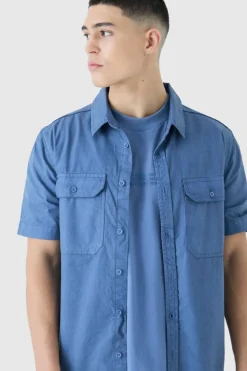 Best boohooMAN Washed Short Sleeve Twill Shirt slate blue