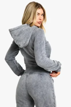 Best boohoo WASHED SHRUNKEN ZIP THROUGH FITTED HOODIE charcoal