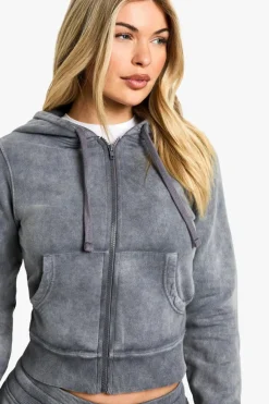 Best boohoo WASHED SHRUNKEN ZIP THROUGH FITTED HOODIE charcoal