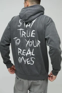 Store boohooMAN Washed Stay True Text Graphic Hoodie charcoal