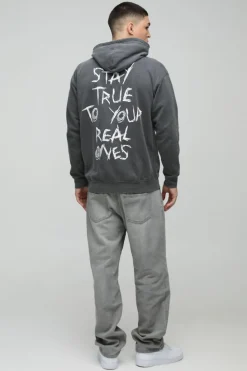 Store boohooMAN Washed Stay True Text Graphic Hoodie charcoal