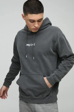 Store boohooMAN Washed Stay True Text Graphic Hoodie charcoal